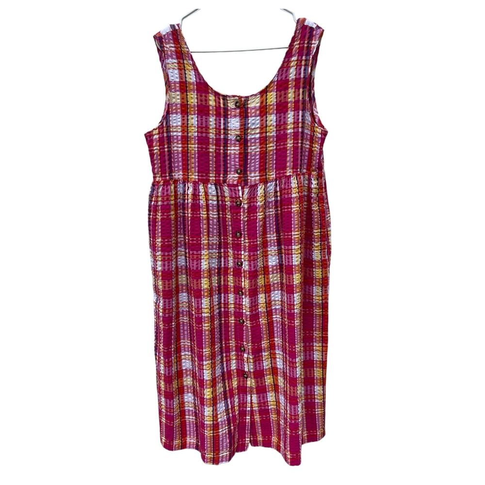 Adonna Leisure Wear Women's vintage Dress Sleeveless Pink Plaid Button Front